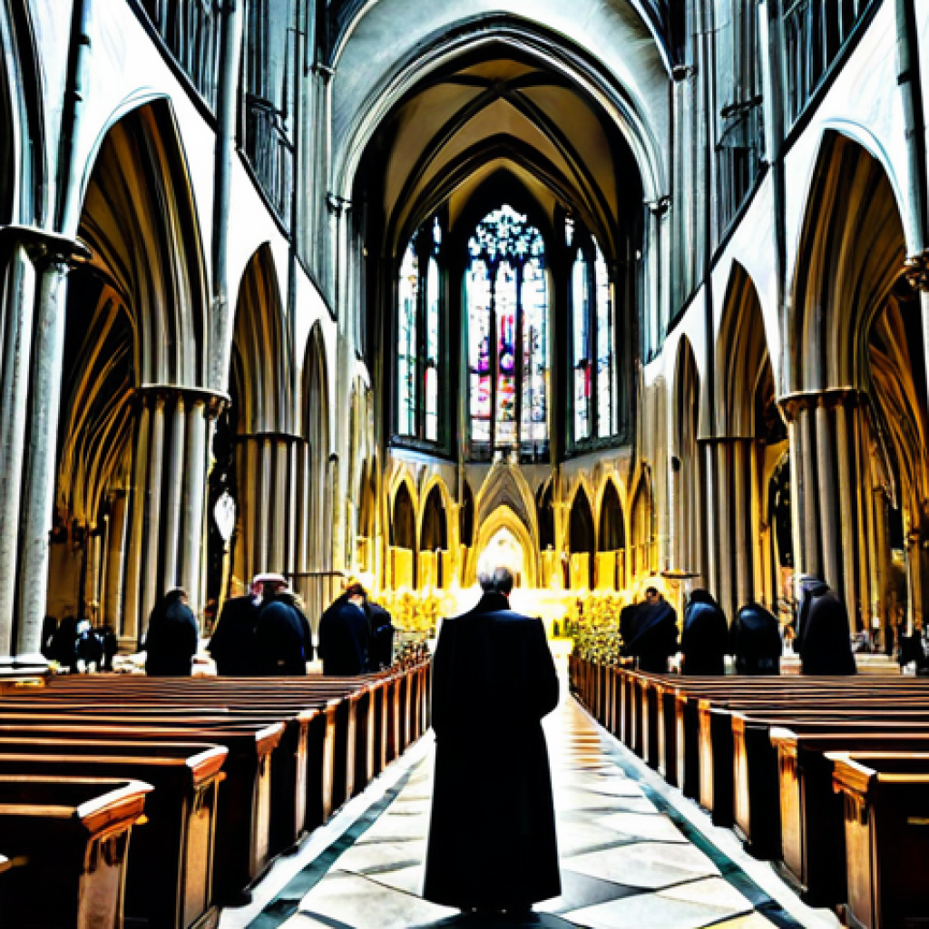 Gothic Cathedral Interior**
"The interior of a majestic Gothic cathedral, bathed in soft, filtered light streaming through stained glass windows, fully clothed figures attending a service, appropriate attire, safe for work, perfect anatomy, correct proportions, natural pose, professional photography, high quality, detailed architecture, awe-inspiring atmosphere, religious setting, modest clothing, family-friendly."
**
