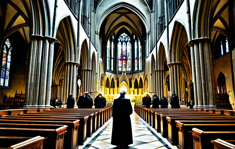 Gothic Cathedral Interior**
"The interior of a majestic Gothic cathedral, bathed in soft, filtered light streaming through stained glass windows, fully clothed figures attending a service, appropriate attire, safe for work, perfect anatomy, correct proportions, natural pose, professional photography, high quality, detailed architecture, awe-inspiring atmosphere, religious setting, modest clothing, family-friendly."
**