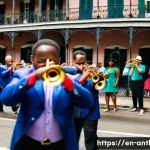 Home 18 무형문화유산 - **Prompt:** "A vibrant New Orleans jazz street parade during the day. Musicians are playing trumpets...