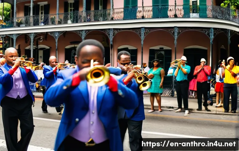 무형문화유산 - **Prompt:** "A vibrant New Orleans jazz street parade during the day. Musicians are playing trumpets...