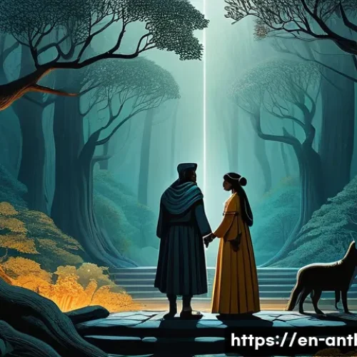 Home 32 레비 스트로스의 구조주의 - A detailed, symbolic illustration of binary oppositions in cultural narratives, featuring contrastin...