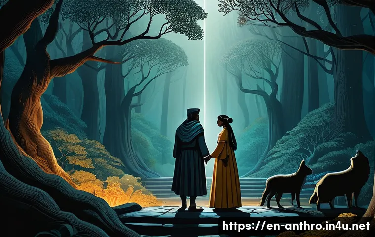 레비 스트로스의 구조주의 - A detailed, symbolic illustration of binary oppositions in cultural narratives, featuring contrastin...