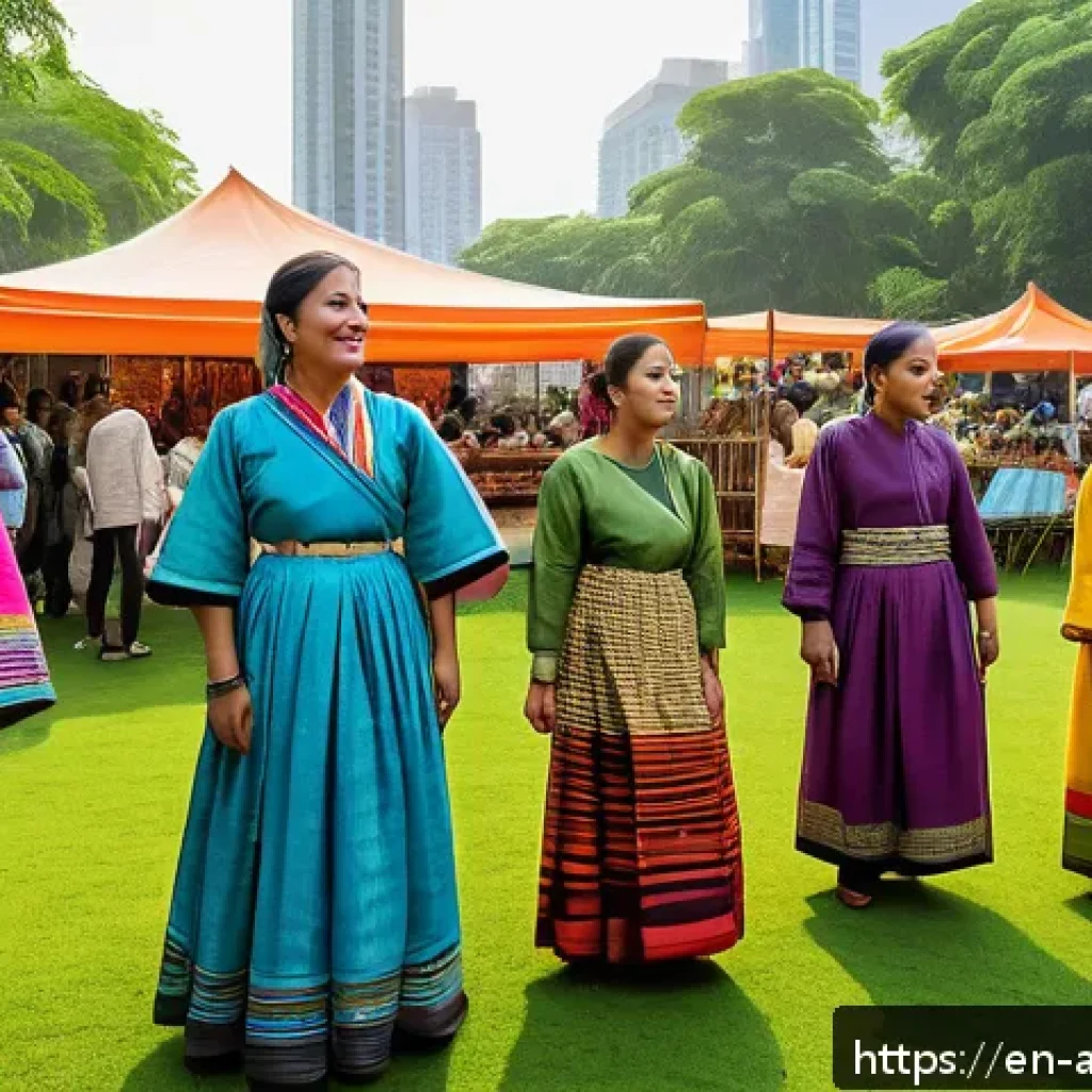 문화의 전통적 가치 - A vibrant urban cultural festival scene at dusk, featuring diverse people of all ages wearing colorf...