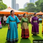 Home 19 문화의 전통적 가치 - A vibrant urban cultural festival scene at dusk, featuring diverse people of all ages wearing colorf...