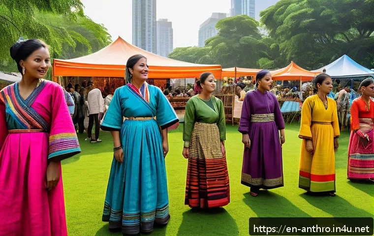 문화의 전통적 가치 - A vibrant urban cultural festival scene at dusk, featuring diverse people of all ages wearing colorf...