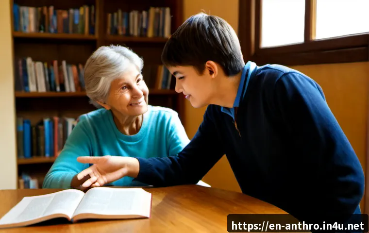 Home 17 언어의 힘과 문화 - Photorealistic multicultural community library scene, an older woman and a teenage boy sharing a war...